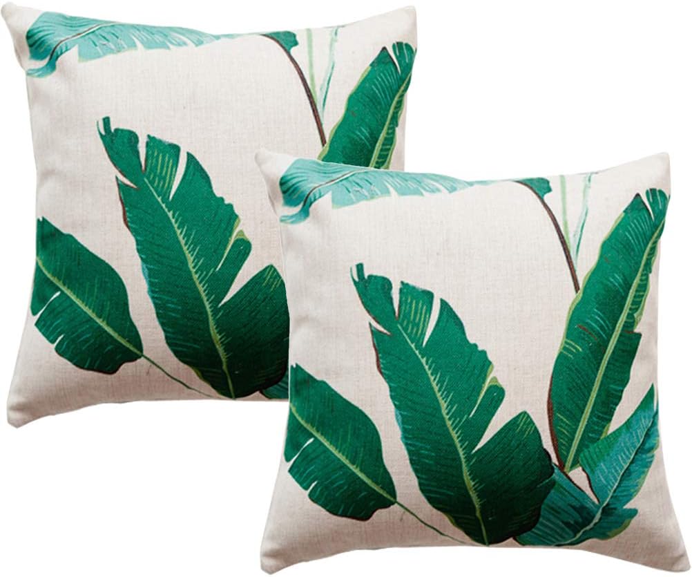 7COLORROOM Banana Leaves Pillow Covers Tropical Palm Leaves Cushion Covers Cotton Linen Square Decorative Pillowcases 18×18 Inch Set of 2 (Green Leaves)