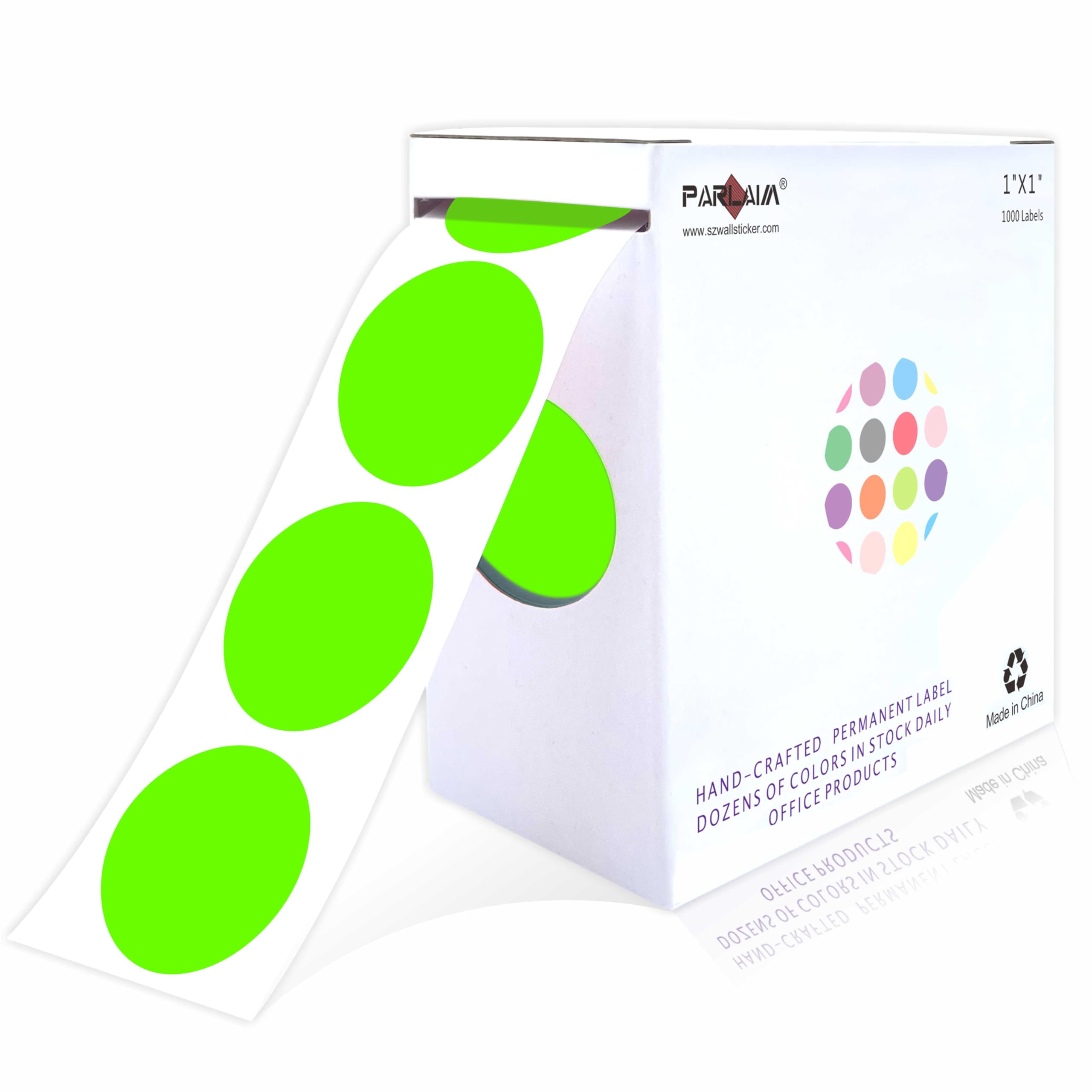 PARLAIM1" Fluorescent Green Round Color Coding Circle Labels, 1000 per Roll in Dispenser Box, 1 inch Office Dot Sticker