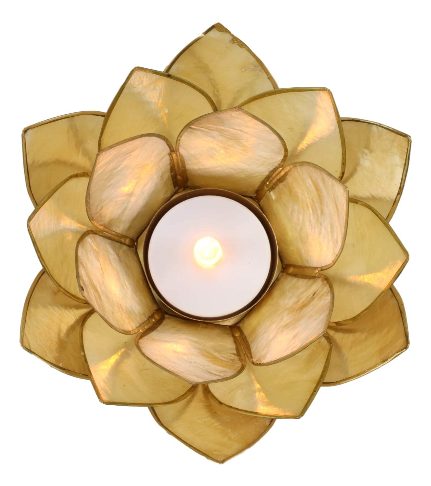 Ebros Hand Crafted Capiz Seashells Auspicious Lotus Flower Votive Tea Light Candle Holder Figurine 18 Petals Zen Feng Shui Meditation Home Fragrance Decor Accessory (Yellow Gold)