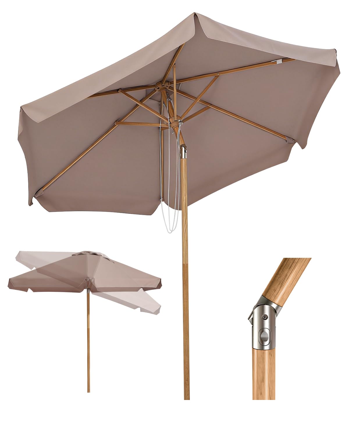 Sekey Sonnenschirm Balkon Holzoptik mit Neigungswinkel (Aluminium-Drehgelenk), Eisenmast 38mm & 6 Stahlstreben, Doppel-Seilzug, Sonnenschirm Strand für Balkon Terrasse, UPF 50+ Sonnenschutz