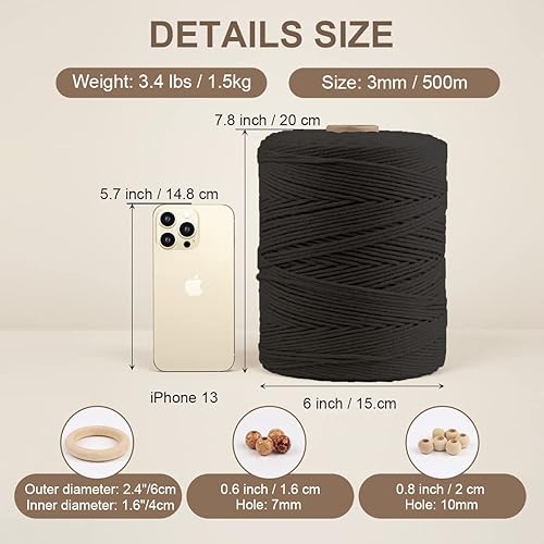 Miniatura 2 de ZUEXT - Cordón de algodón de macramé de 0.118 in x 547 yardas, cuerda trenzada negra natural hecha a mano, 4 hebras, cuerda de punto para colgar en