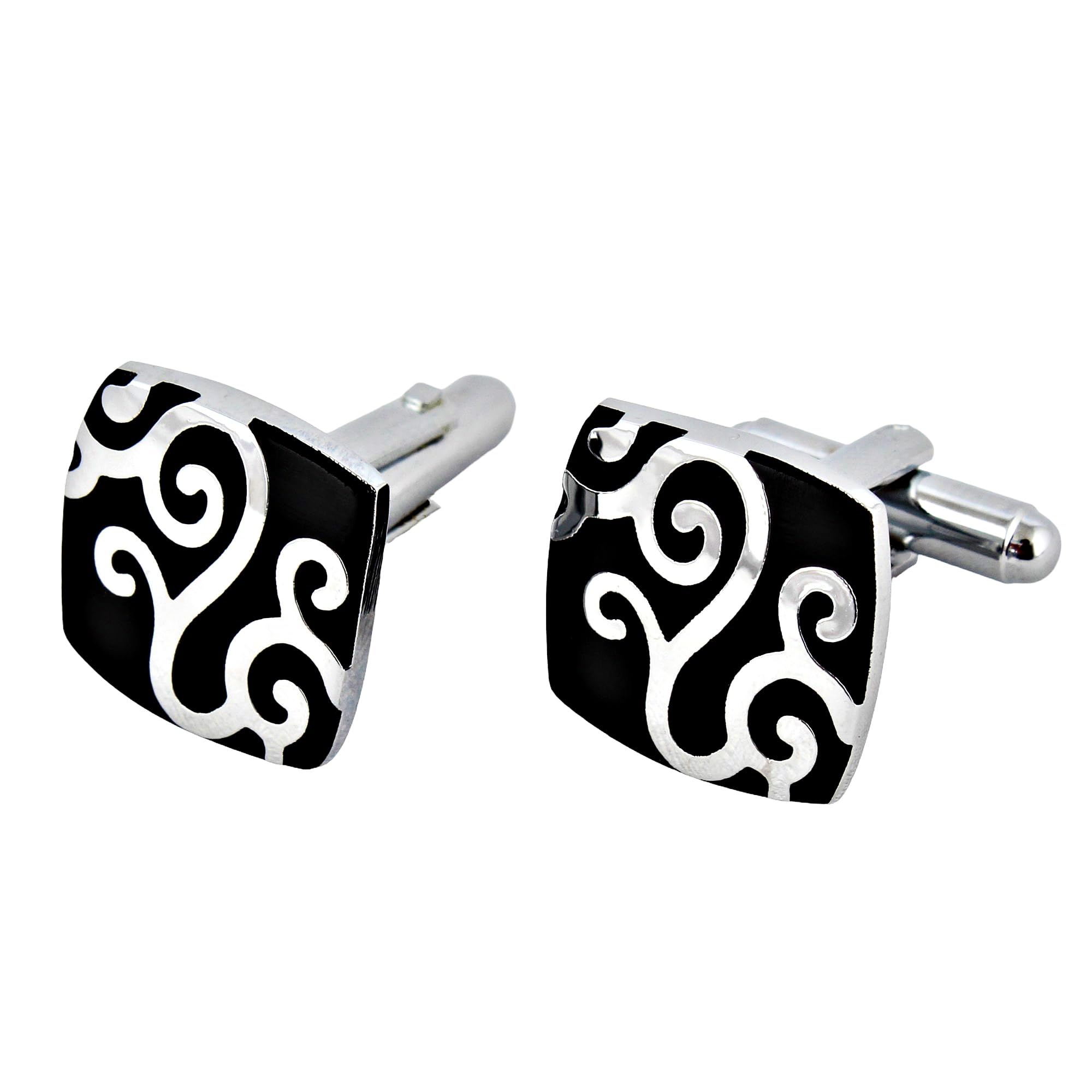 Unique Men Jewelry Silver Plated Black Enamel Square Sleeve Button Formal Cuff Button Wedding Shirt Button, Suit, Blazer Cufflinks Pair Gift Set for Men (305-CHC4-1069-S)-image-25