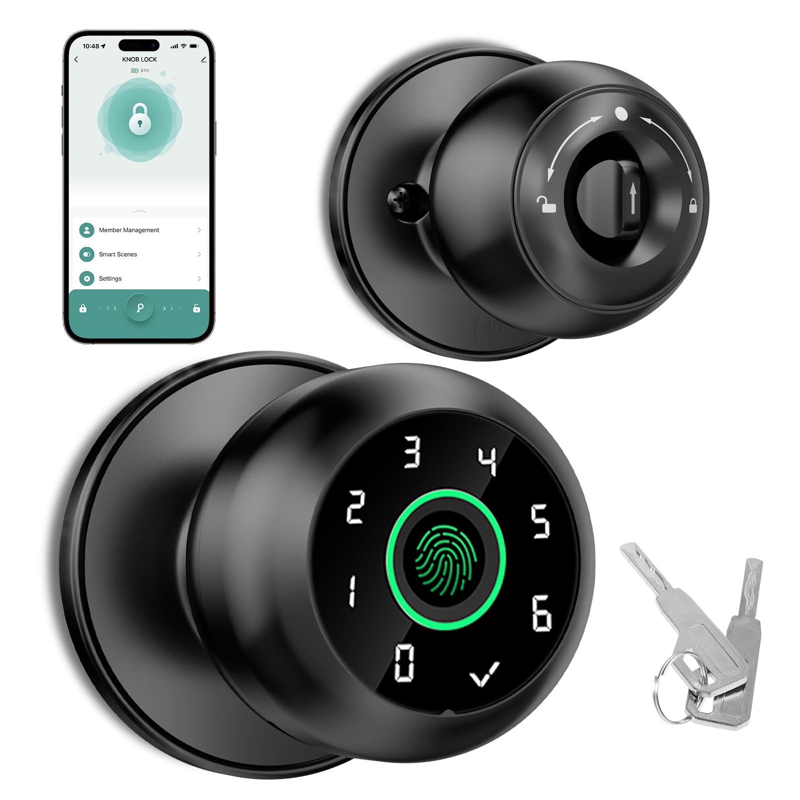 HEI LIANG Fingerprint Door Lock，Fingerprint and Keypad Input Smart Door knob, App Controlled Biometric Door Lock, Keyless Entry, Bedroom, Office, Hotel, Apartment Auto Door knob (Black)