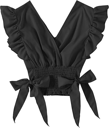 LYANER Womens Cute V Neck Ruffle Cap Sleeve Side Bow Shirred Hem Summer Crop Tank Tops Peplum Blouse