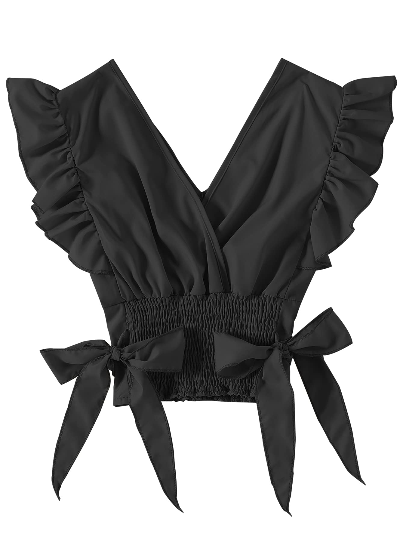 LYANER Women's V Neck Ruffle Cap Sleeve Side Bow Knot Shirred Hem Blouse Crop Tank Top