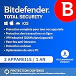 Bitdefender Total Security| 3 Appareils | 1 An | PC/Mac/iOS/Android | Code d’activation par email | Renouvellement Automatique