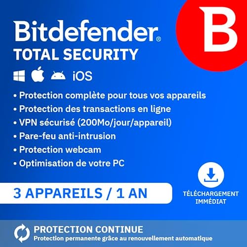 livre Bitdefender Total Security 2025 | 3 Appareils | 1 An | PC/Mac/iOS/Android | Code d’activation par email | Renouvellement Automatique