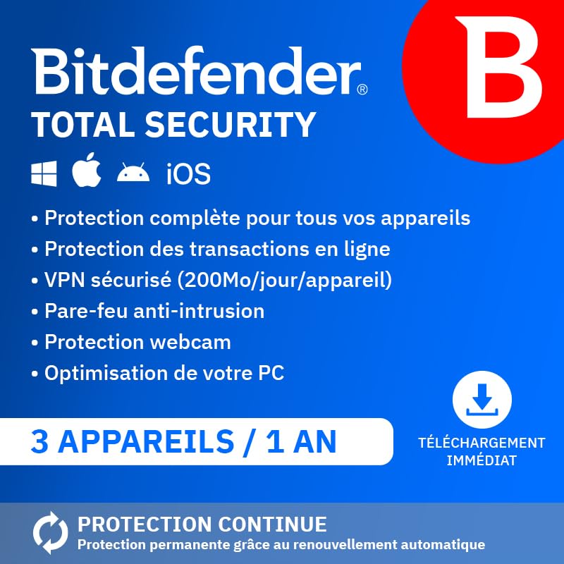 Bitdefender Total Security| 3 Appareils | 1 An | PC/Mac/iOS/Android | Code d’activation par email | Renouvellement Automatique