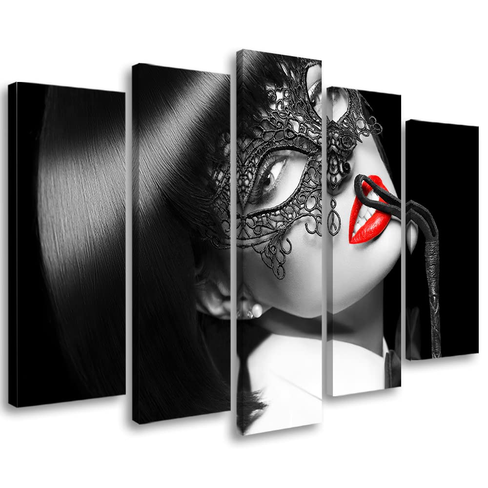 Feeby 5 partes Cuadro en Material Tejido no Tejido 150x100 cm Mujer Erotismo Retrato Abstracción Arte decorativo Impresión Artística Dormitorio Máscara veneciana Glamour Moda blanco y negro