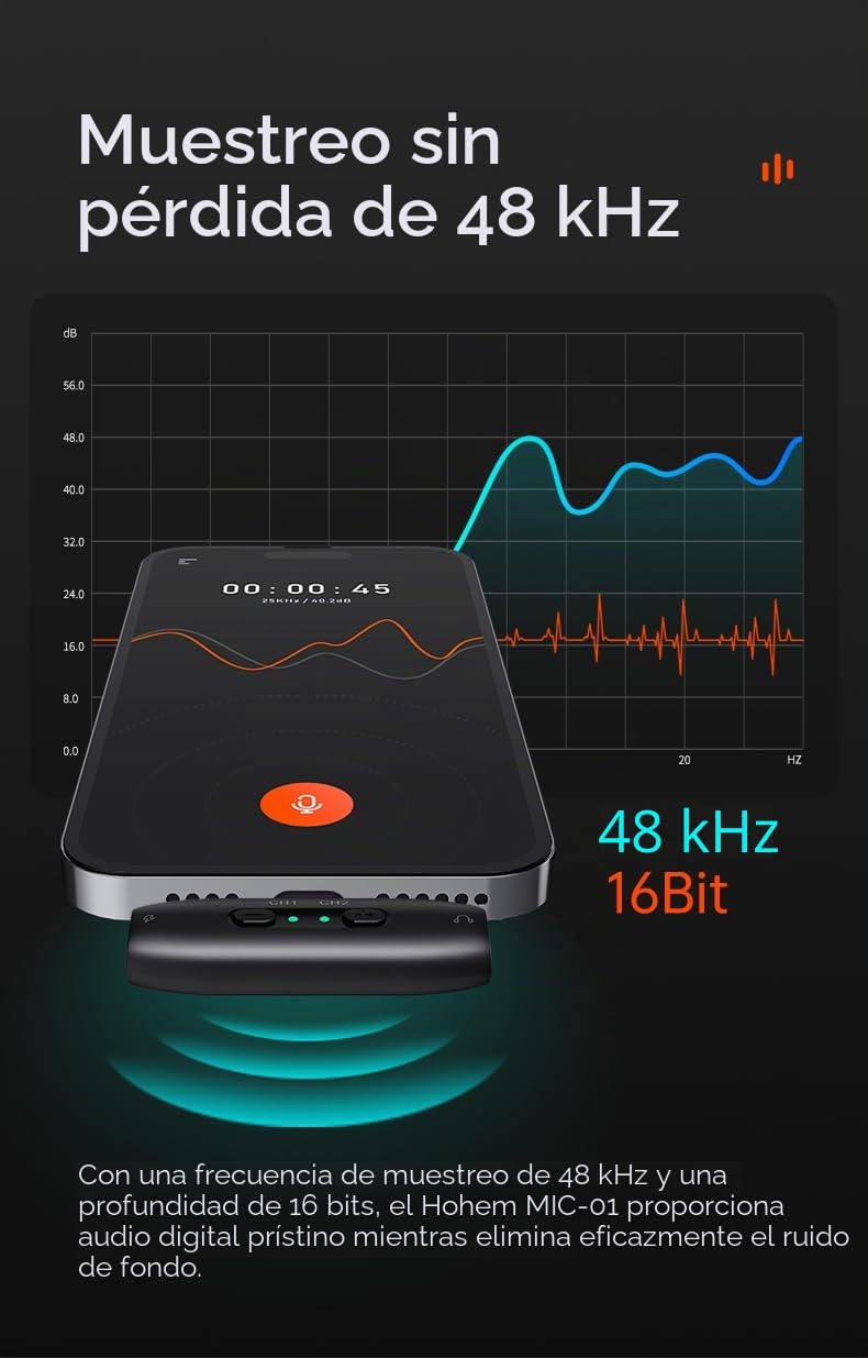 hohem MIC-01 Micrófono de Solapa inalámbrico de Solapa para iPhone iPad, Certificado MFi, Control Remoto,100m(328ft),7.5H, Micrófono Plug-Play para Vlogs, Live Stream (1 TX + 1 RX)