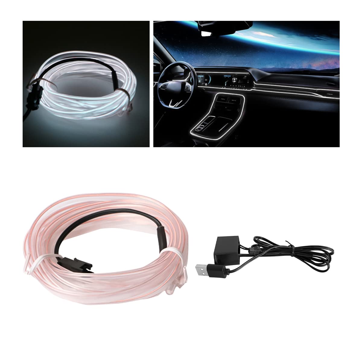 EL Wire LED Strip Lights, 10FT/3M USB Auto Neon Light Strip with Sewing Edge, Electroluminescent Car Ambient Lighting Kits with Fuse Protection, Car Decoration Accessories (White/10FT)
