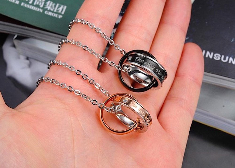 Kim Johanson Edelstahl Pärchen Schmuckset Armbänder & Ketten "Joy" für verliebte Roségold & Schwarz mit Cubic Zirkonia inkl. Schmuckbeutel