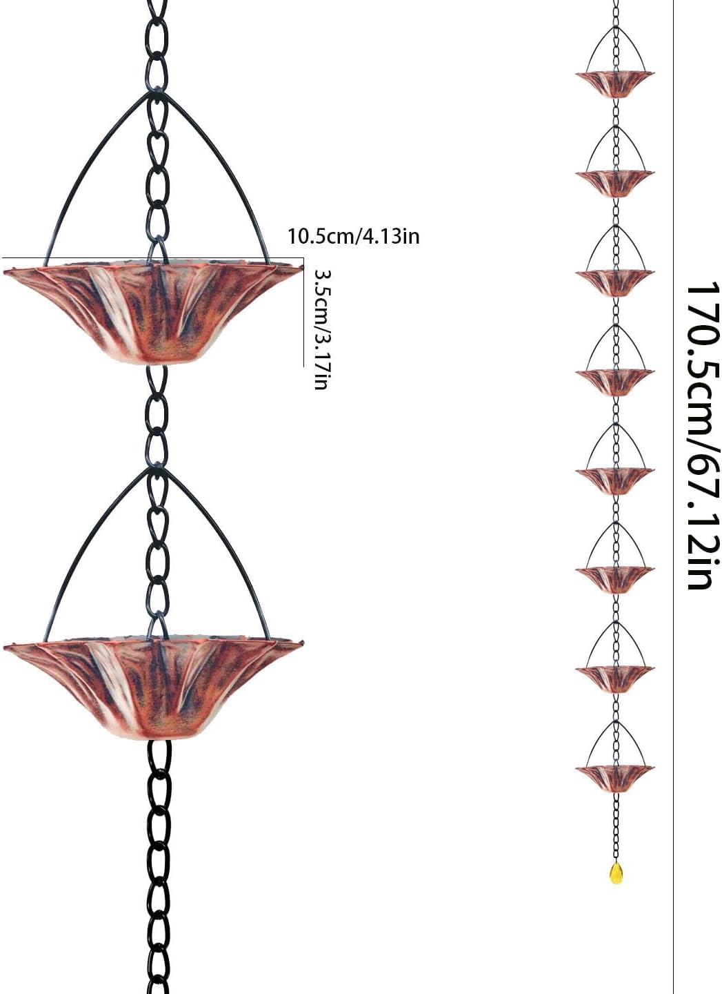 Lotus Rain Chain for Gutters, 67" Metal Rainwater Catcher Chain with 8 Cups, Decorative Downspout Alternative for Porch, Patio, Garden, Yard (Red Copper)