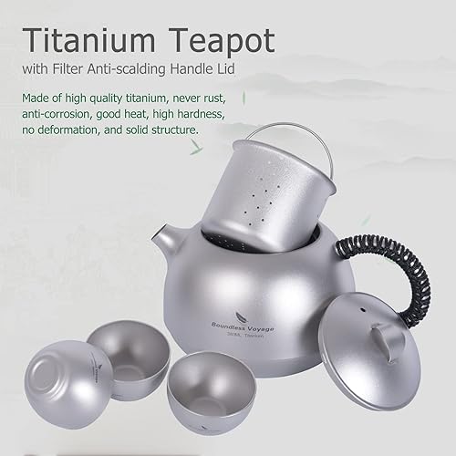 Miniatura 5 de Boundless Voyage Mini hervidor de titanio de 12.8 fl oz con filtro+3 tazas de 0.8 fl oz taza ultraligera tetera set camping café té agua fabricante