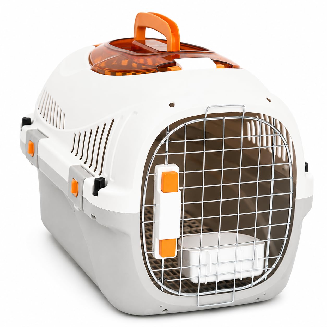 SNOEKIE Katzen Transportbox mit 2 Öffnungen, 49,5 x 32 x 32,6 cm, Haustierbox für Katzen & kleine Hunde, mit Dachöffnung, Fronttür, Metallgittertür & Tragegriff, Cremeweiß/Grau
