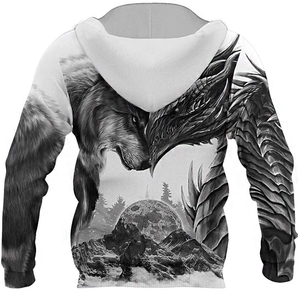 Viking Dragon And Fenrir Wolf Tattoo Mens Hoodie 3D Printing Nordic Mythology Loose Casual Sweatshirt Autumn Fashion Sweater Oversized Couple Jacket (Color : Hoodie, Size : XL - View #9