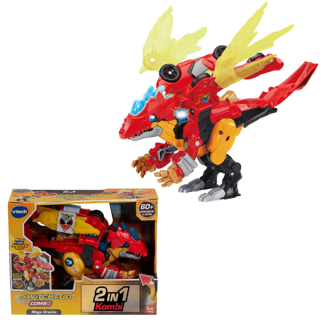 Vtech - Switch & Go - Combo Mega Dragon - 2-in-1 Toy T-Rex & Racing Car, Transforms into Mega Dragons, Interactive with Light, Sound & Over 60 Phrases, from 3 Years