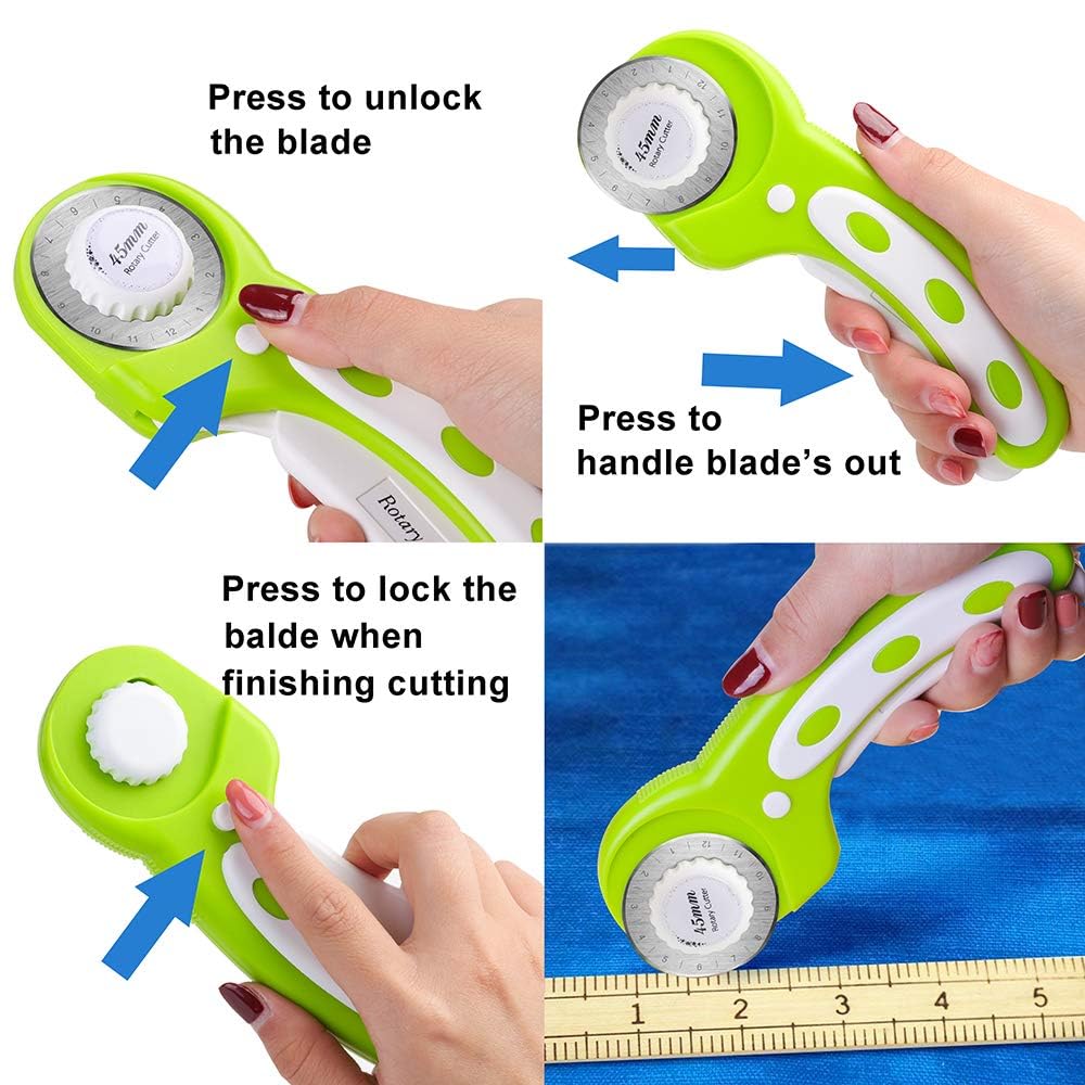Rollschneider 45mm Edelstahl Stoffschneider Set Rundklingen Cutter Profi Rollmesser Mit 7 X Ersatzklingen, Rundmesser Für Abstepp-, Stoff, Leder, Näharbeiten & Mehr