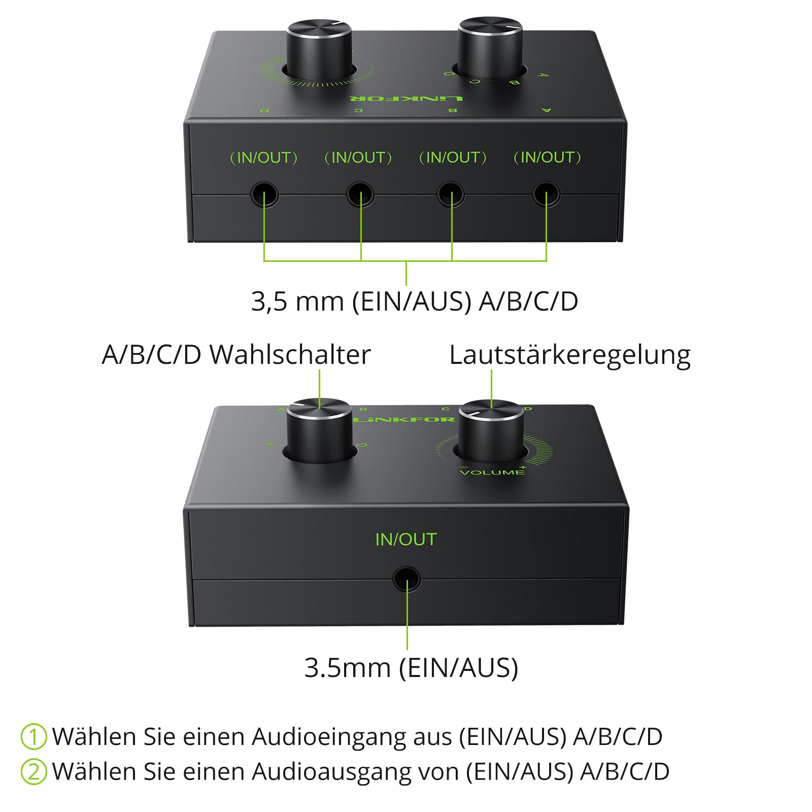 LiNKFOR 3.5mm Stereo Audio Switcher Selector 3,5mm Stereo Audio Schalter Umschalter Splitter Konverter 4 x 1/1 x 4 für passive Lautsprecher Kopfhörer, Nr Externe Stromversorgung erforderlich
