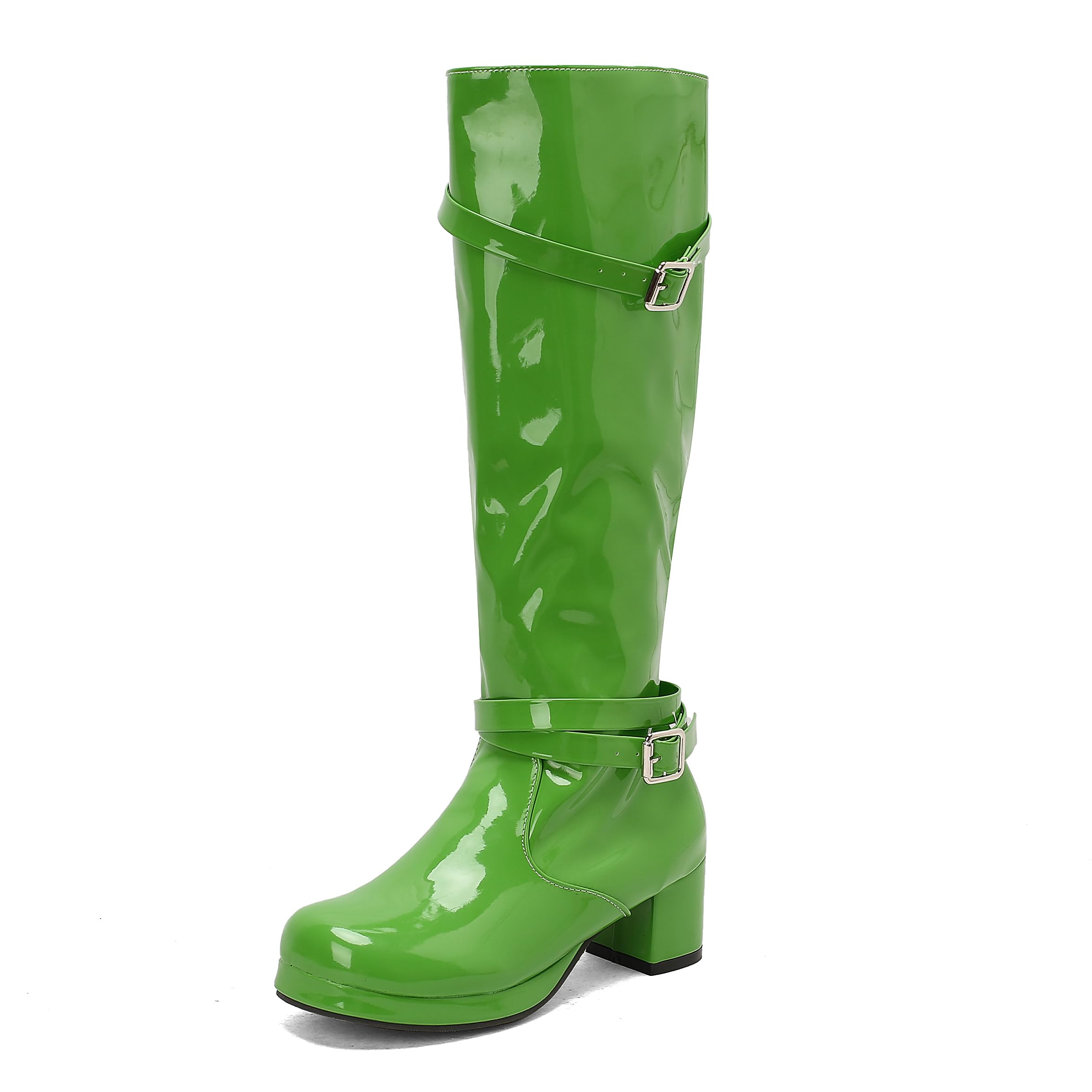 BEAUPAS Womens Patent Leather Knee High Boots Block Heel Double Buckle Goth Platform Boots
