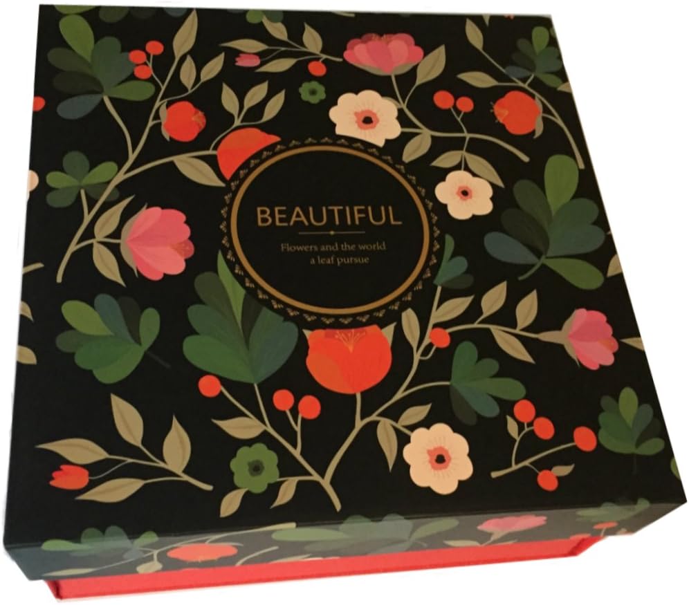 PAPTEL Black Collapsible Gift Box (7.6" X 7.6" X 3.5"), with Red Body and Floral Decor Cover. Perfect For Presents in any Occasions. For Baby Clothes, Bathing Products,etc.