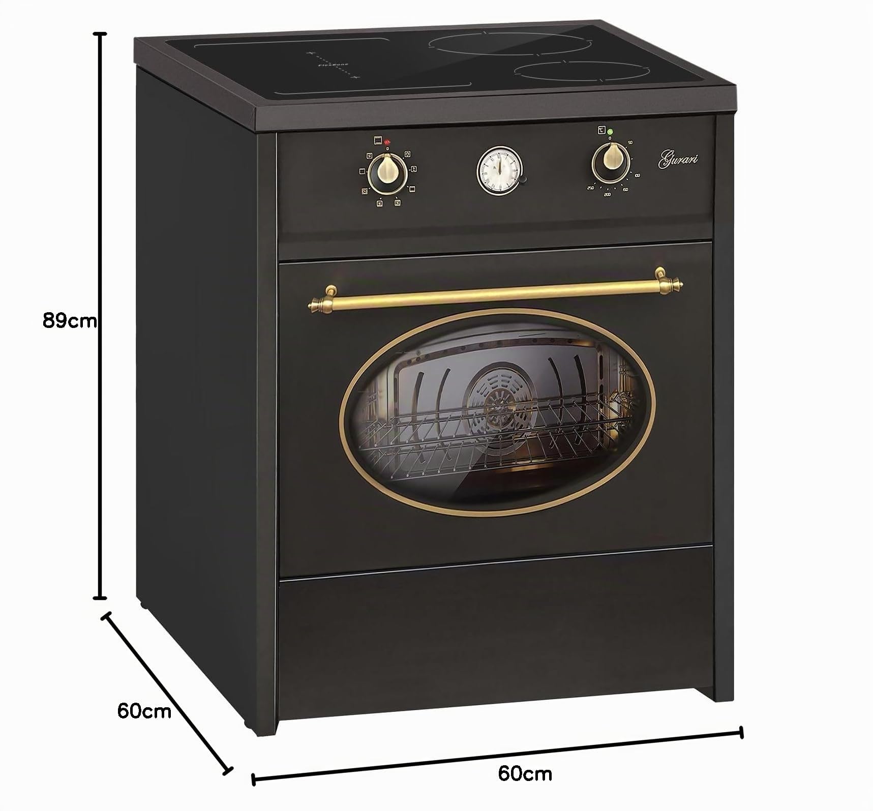 GURARI Cuisinière à Induction 60 cm GCH E 612 Bl r Avec Four et Plaque de Cuisson en Fonte | Retro Range Coocker 4 Zones | Air Chaud | Grill