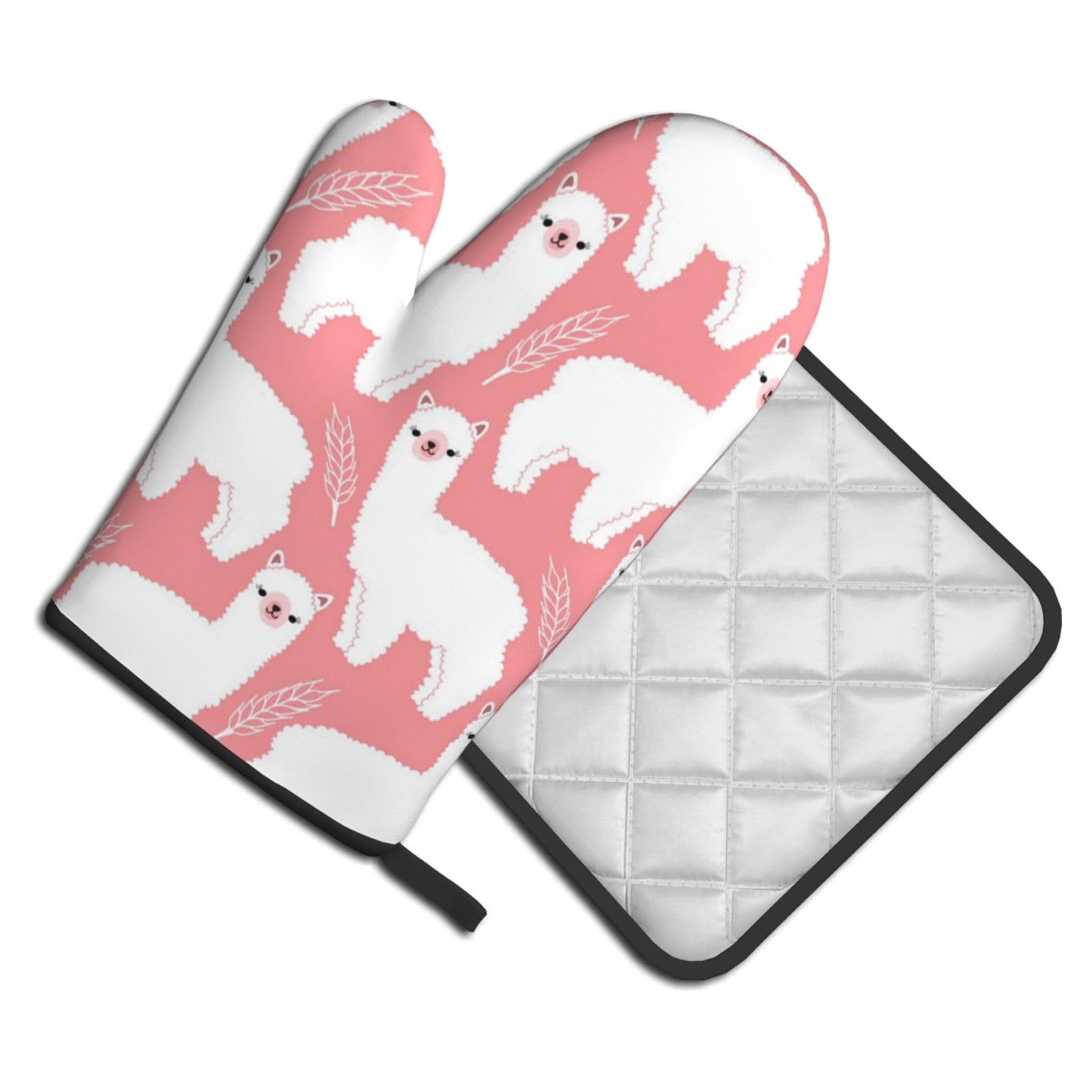 Oven Mitts and Pot Holders Set of 2 Pcs, Alpaca Llama Printed Heat Resistant Kitchen Gloves Potholders for Cooking Baking Grilling