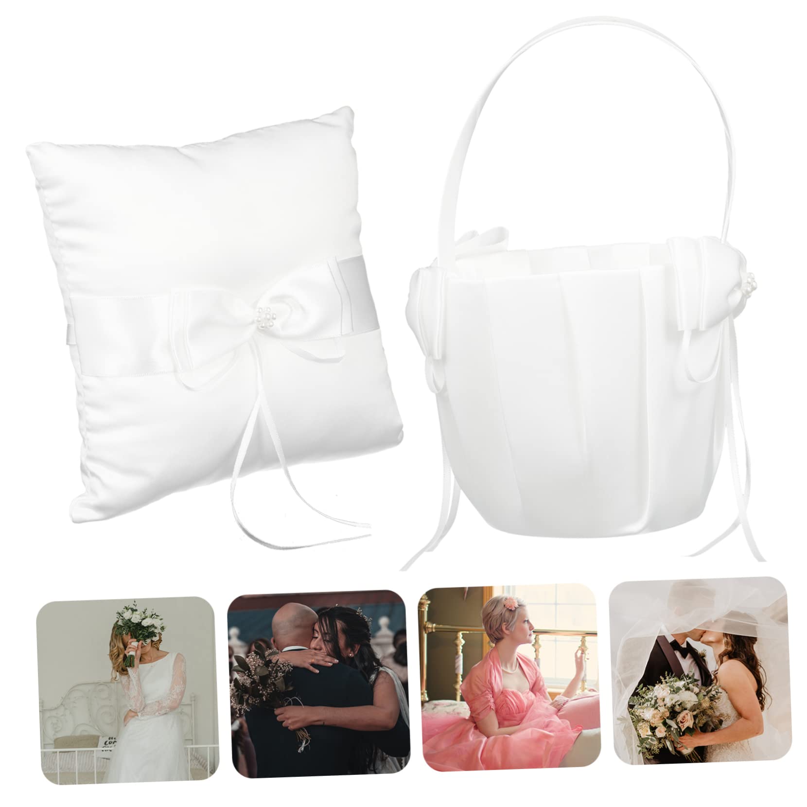 MAGICLULU 2 Stück Weißes Ringkissen mit Schleife und Strass Passender Blumenkorb aus Stoff für Hochzeit und Feier für Mädchen
