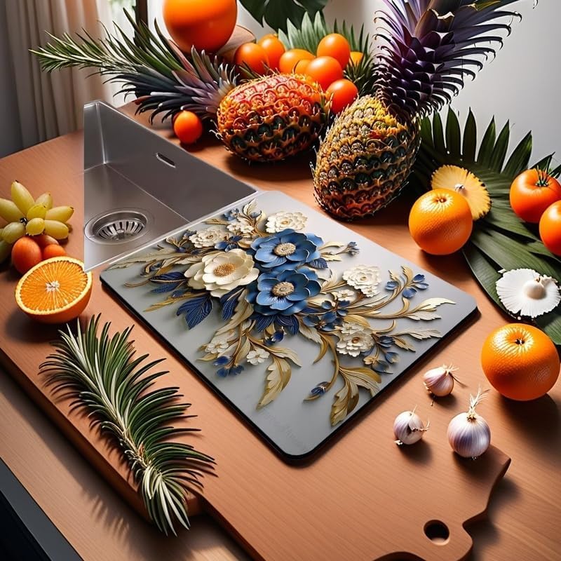Mata do suszenia naczyń 3D – chłonna mata kuchenna z mikrofibry, ociekacz do naczyń, kwiatowy wzór na wiosnę i lato, 40 x 50 cm, idealna mata do szybkiego suszenia