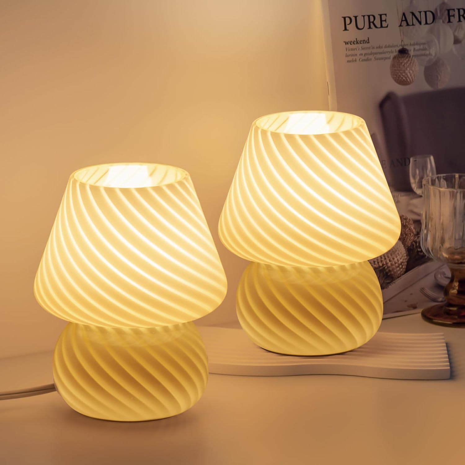 ONEWISH Mushroom Lamps Set of 2 Small Bedside Table Lamp