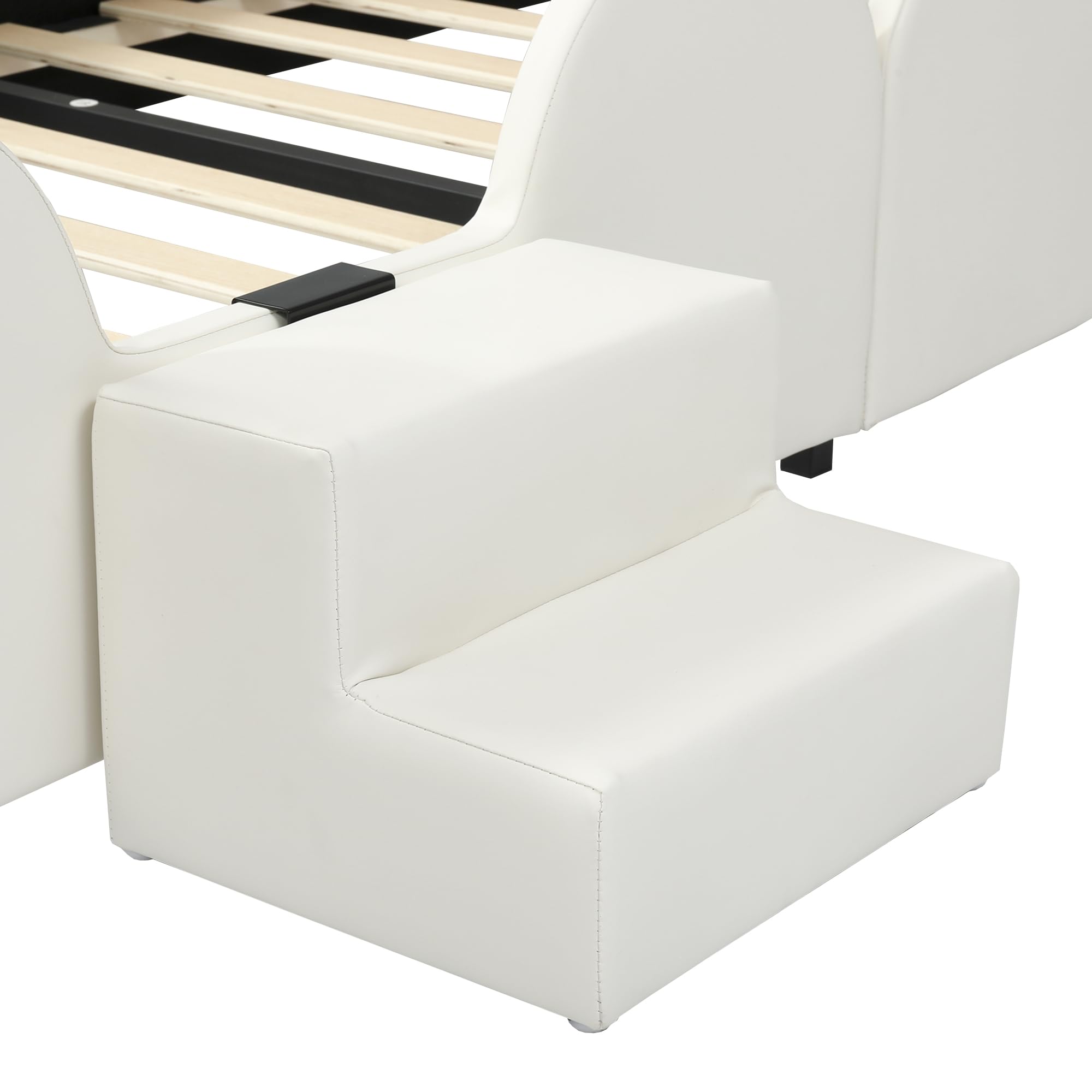 SUKY Letto imbottito 90 x 200 cm, letto singolo con piccola scala e scivolo per bambini, testiera con orecchie di coniglio, lettino con doghe in legno, PU, bianco+rosa