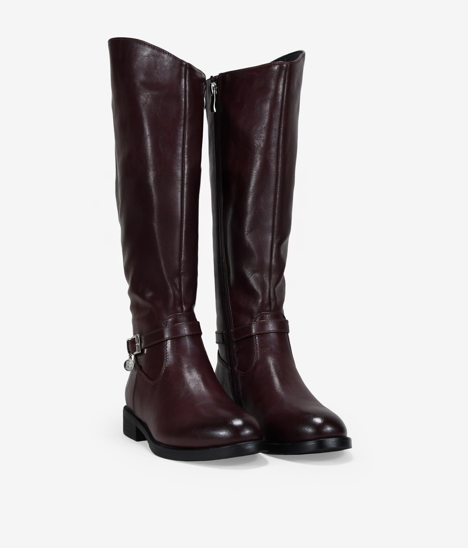 BOSANOVA Botas Altas Planas para Mujer Estilo Bota de Montar con Detalle de Tira con Hebilla metálica y Suela Plana Redonda. Cierre con Cremallera. Calzado para Mujer