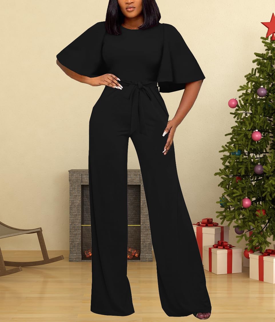 BessCops Womens Loose Short Sleeve Belted Wide Leg Pant Romper Jumpsuit Casual Business One Piece Outfits - Image 4