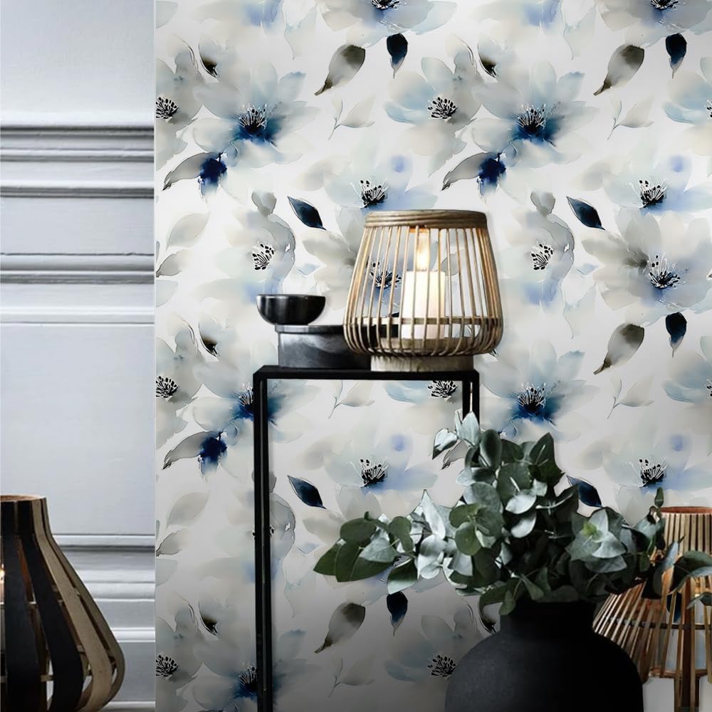 18"x236" Blue White Leaf Petals Peel and Stick Wallpaper Easy Peel Off Contact Paper Vintage Vinyl Self Adhesive Removable Stick on Wall Paper for Kitchen Cabinet Renter Friendly
