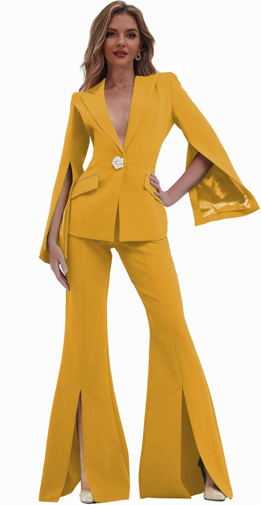 Womens Suit 2 Piece Set Business Blazer Bell Bottoms Casual Sleeve Placket Suit Peak Lapel Prom Tuxedo for