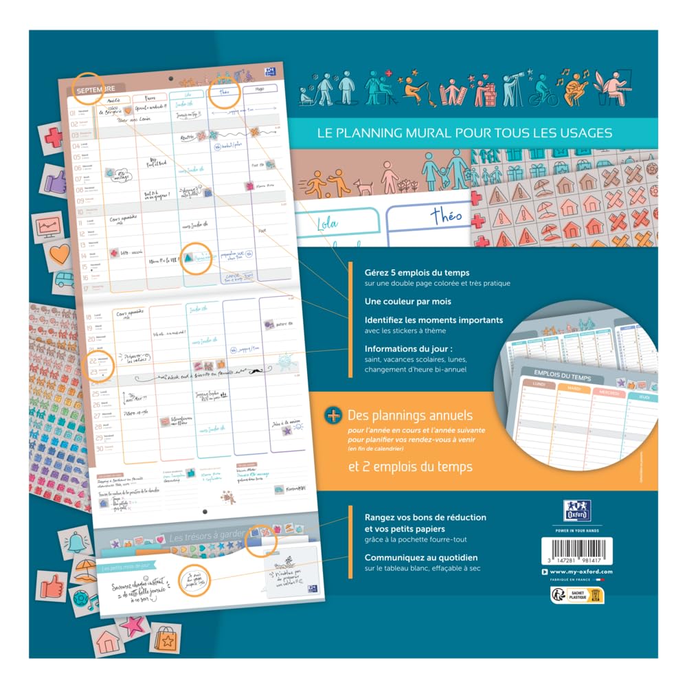 Calendrier Oxford Famille Scolaire 16 Mois 30x30cm 2025-2026 Bleu