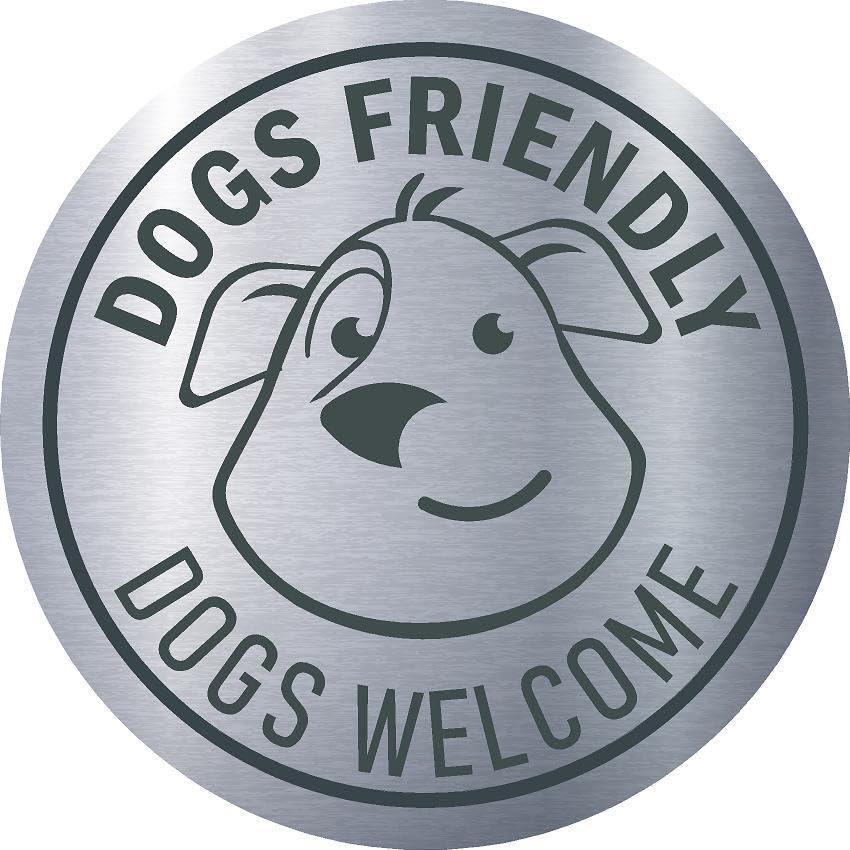 Dogs Friendly/Dogs Welcome, aluminium effect sign - Self adhesive sticker (400mm x 400mm)