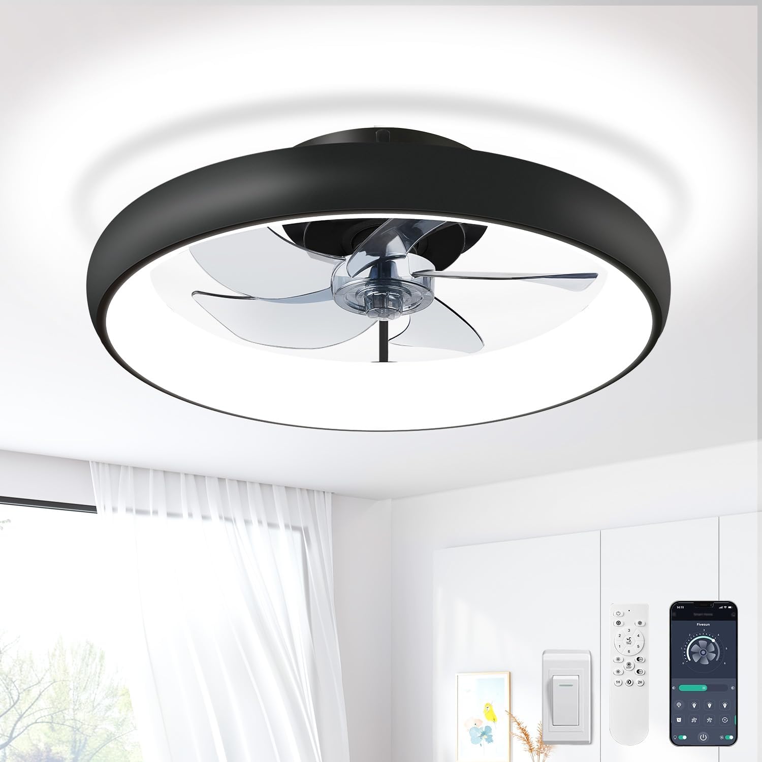 Ceiling Fans with Lights and Remote, 20" Modern Low Profile Ceiling Fan with Light, 2700K-7000K Stepless Dimming Fandelier Flush Mount Led Fan Light and 6 Wind Speeds for Bedroom(Black) Matte Black