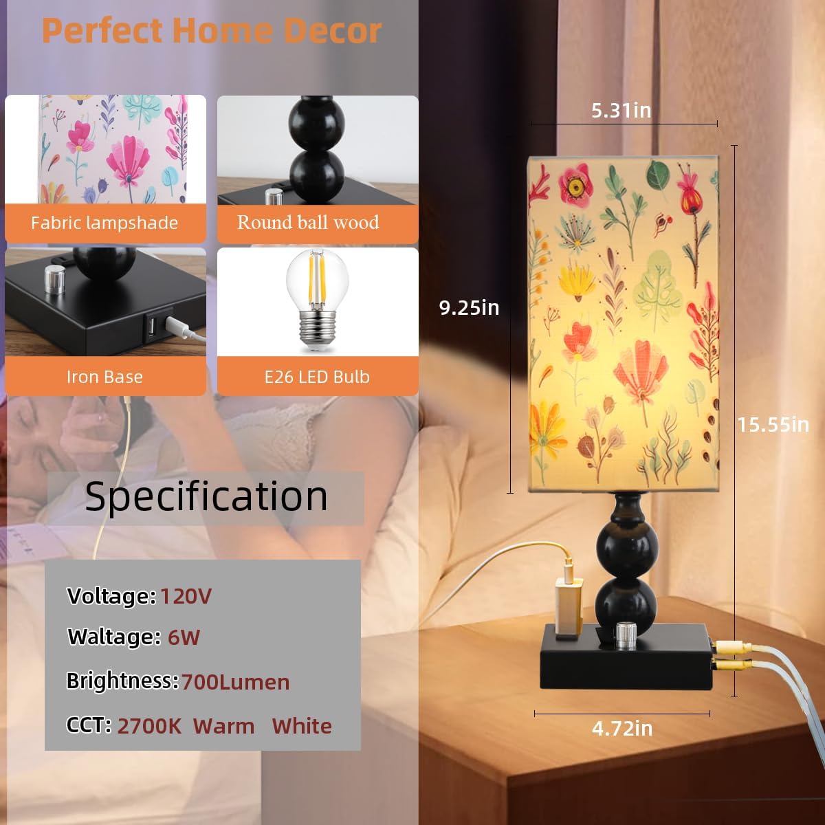 Bedside Table lamp Dimmable with Charging Station, Small end Desk Nightstand Lamps with USB Ports and outlets for Bedroom Living Room Office Reading Gifts Home Decorative LED Edison Bulb Included