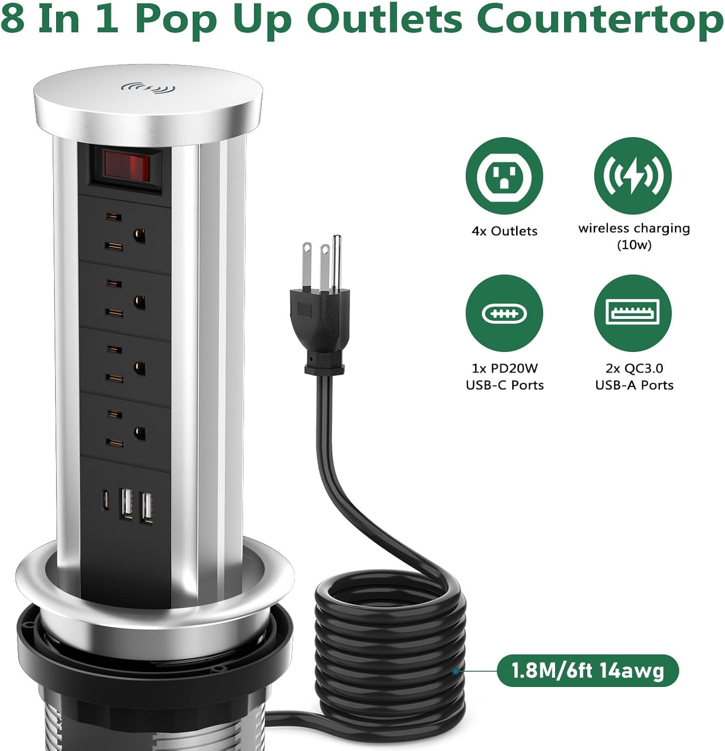 Pop Up Outlet Countertop with 10W Wireless Charger, 4 Outlets,3 USB Ports, Splash Resistant, Automatic Pop Up Outlet for Kitchen Counter Islan, Office Conference Table