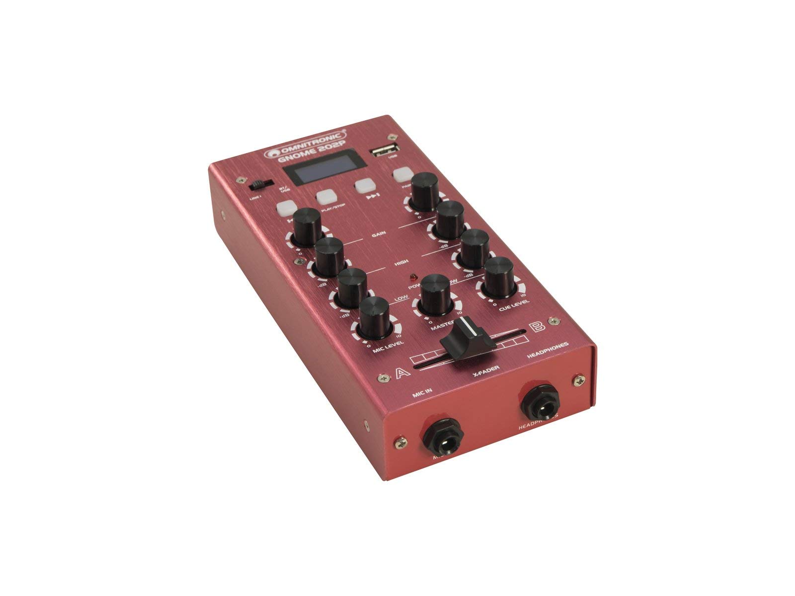 OMNITRONIC GNOME-202P Mini table de mixage Rouge | Table de mixage DJ 2 canaux avec Bluetooth et lecteur MP3 au format miniature | Entrée microphone réglable/sortie casque via prise jack 6,3 mm