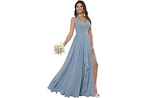 Women's V Neck Chiffon Bridesmaids Dresses Long with Pockets Ruffle A Line...