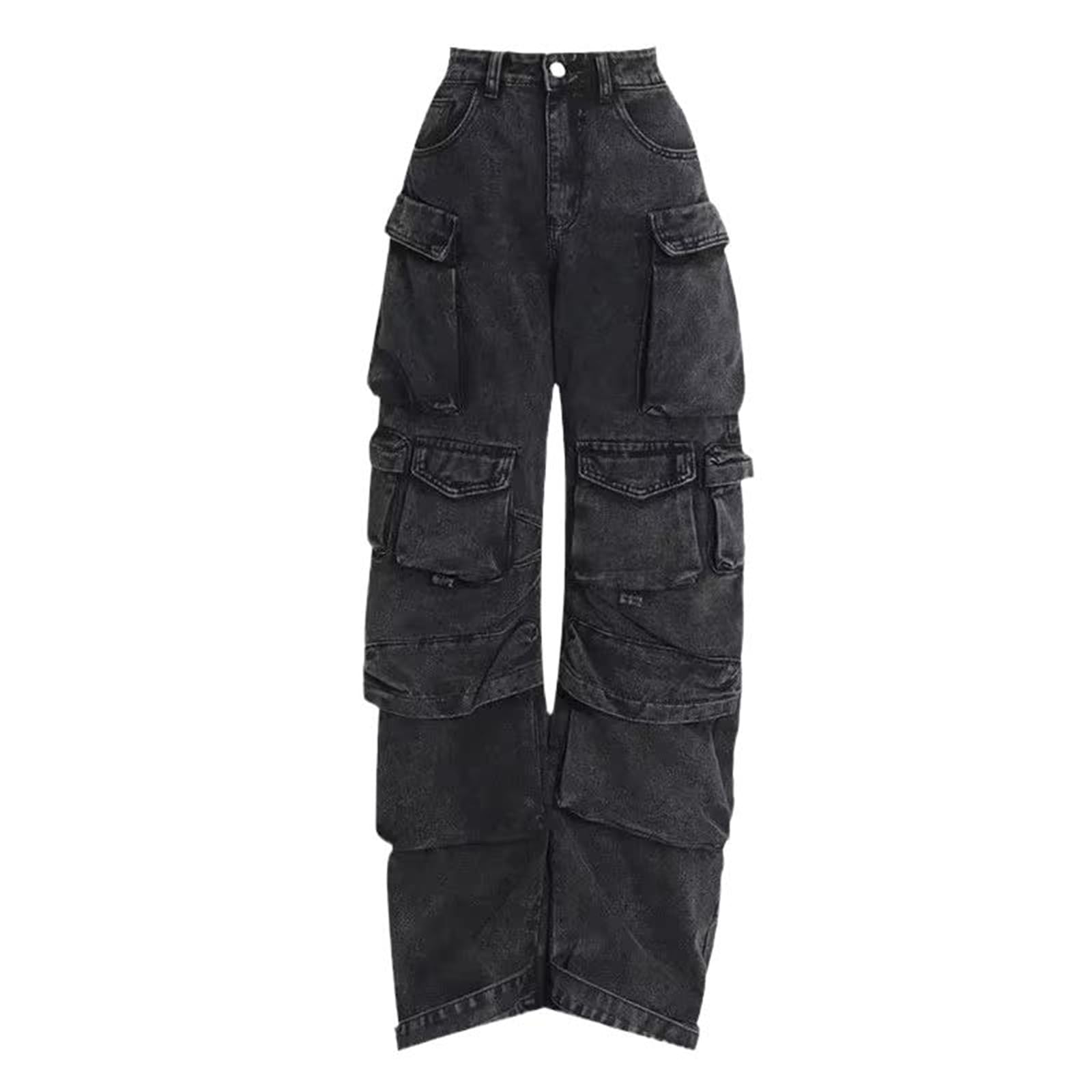 Womens Denim Cargo Long Pants Wide Leg High Waist Button Pocket Straight Trouser for Women