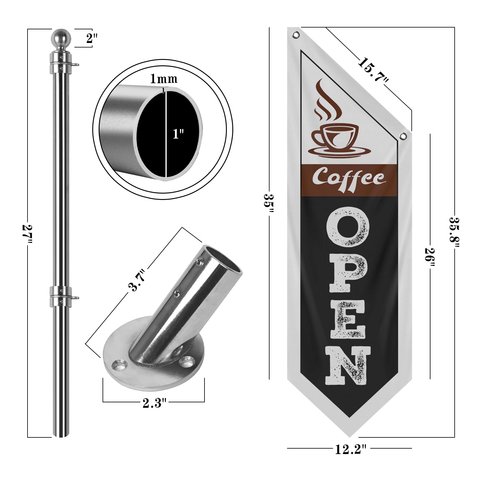 Bandiera da parete in tela di caffè, striscione da appendere su entrambi i lati con asta e staffa in acciaio inox, cartello resistente alle intemperie per bar, caffetterie e venditori ambulanti