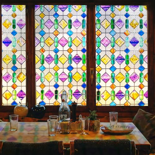 Windimiley Stained Glass Window Privacy Film: 3D Colorful Geometric Decorative Bathroom Frosted Window Clings Sun Heat Blocking Window Tint For Home Non Adhesive Door Covering thumb #7