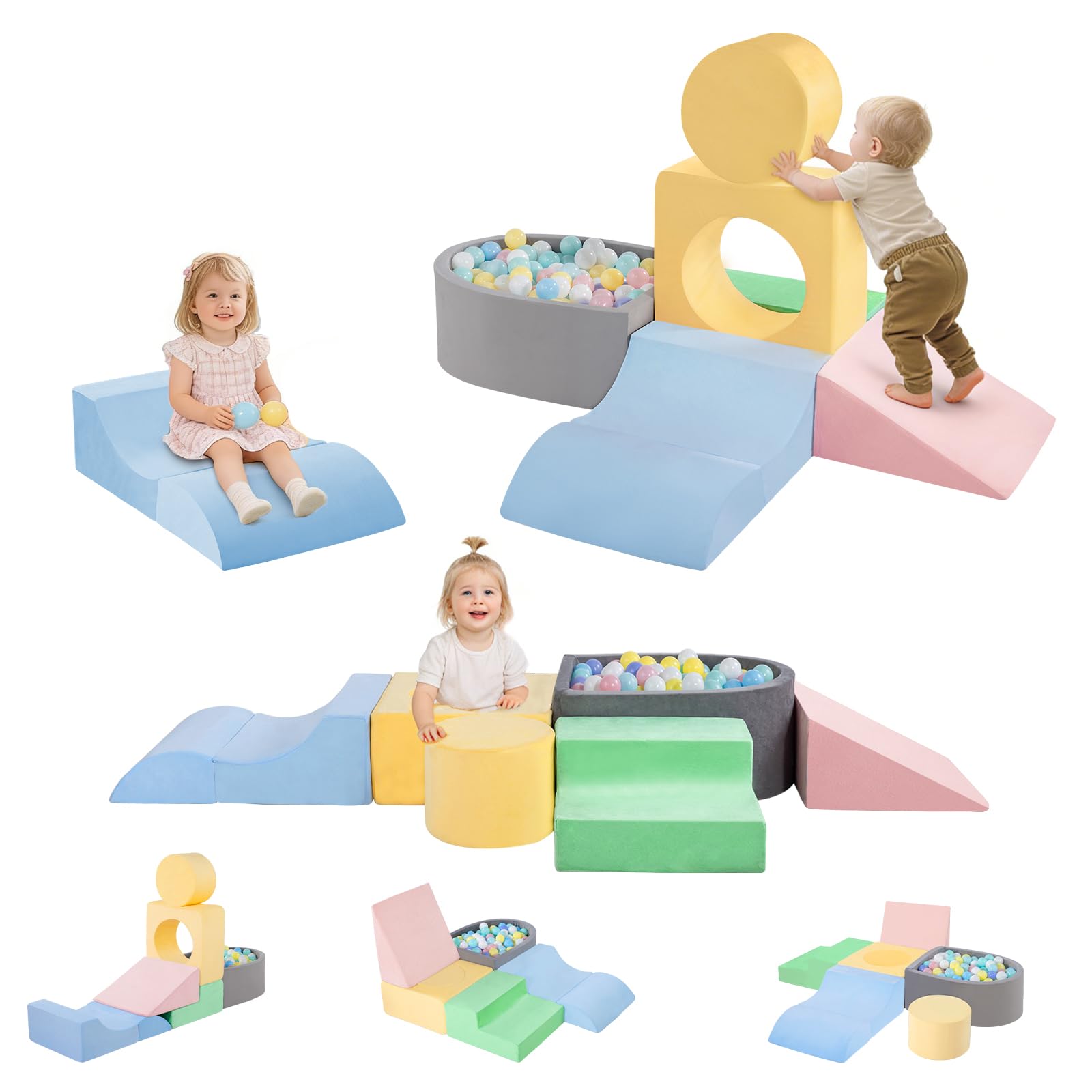 MIND&ACTION Toddler Climbing Blocks with Ball Pit - 6-Piece Soft Play Set