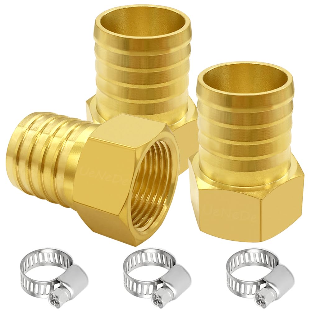 Uenede 3PCS Brass Hose Barb Fittings 3/4" NPT Female to 3/4" Barb Adapter Connector Include 3 Stainless Steel Clamps for Water/Oil/Gas