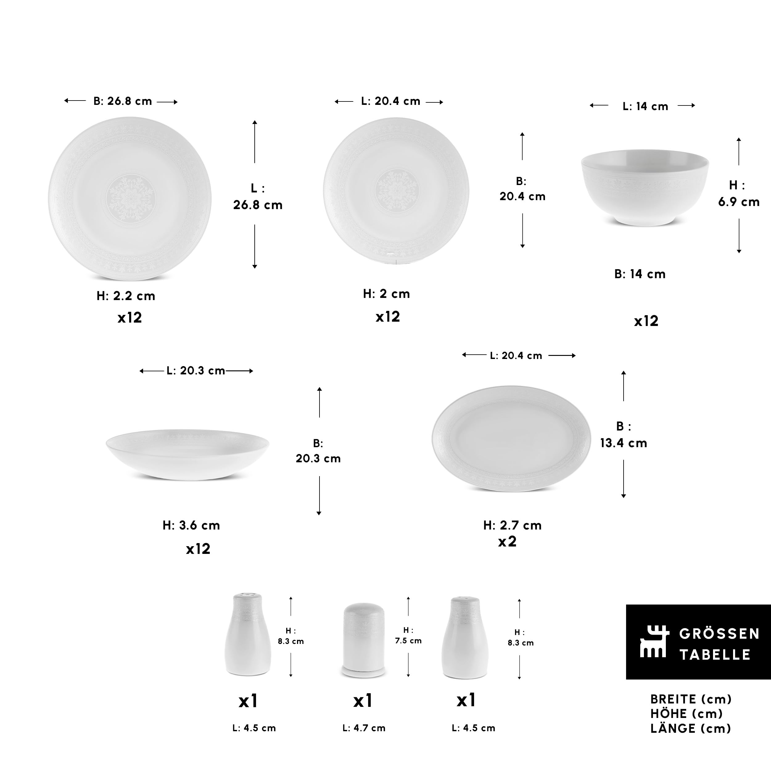 Karaca Forever Bone Artiste Service de Table 53 Pièces pour 12 Personnes, Vaisselle Blanc en Porcelaine avec Assiettes, Bols à Céréales/Soupes, Plats de Service, Petites Assiettes, Salière & Poivrière