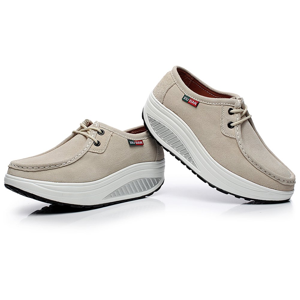 rismart Mujer Plataforma Calzo Aptitud para Caminar Beige Ante Cuero Entrenadores Zapatos