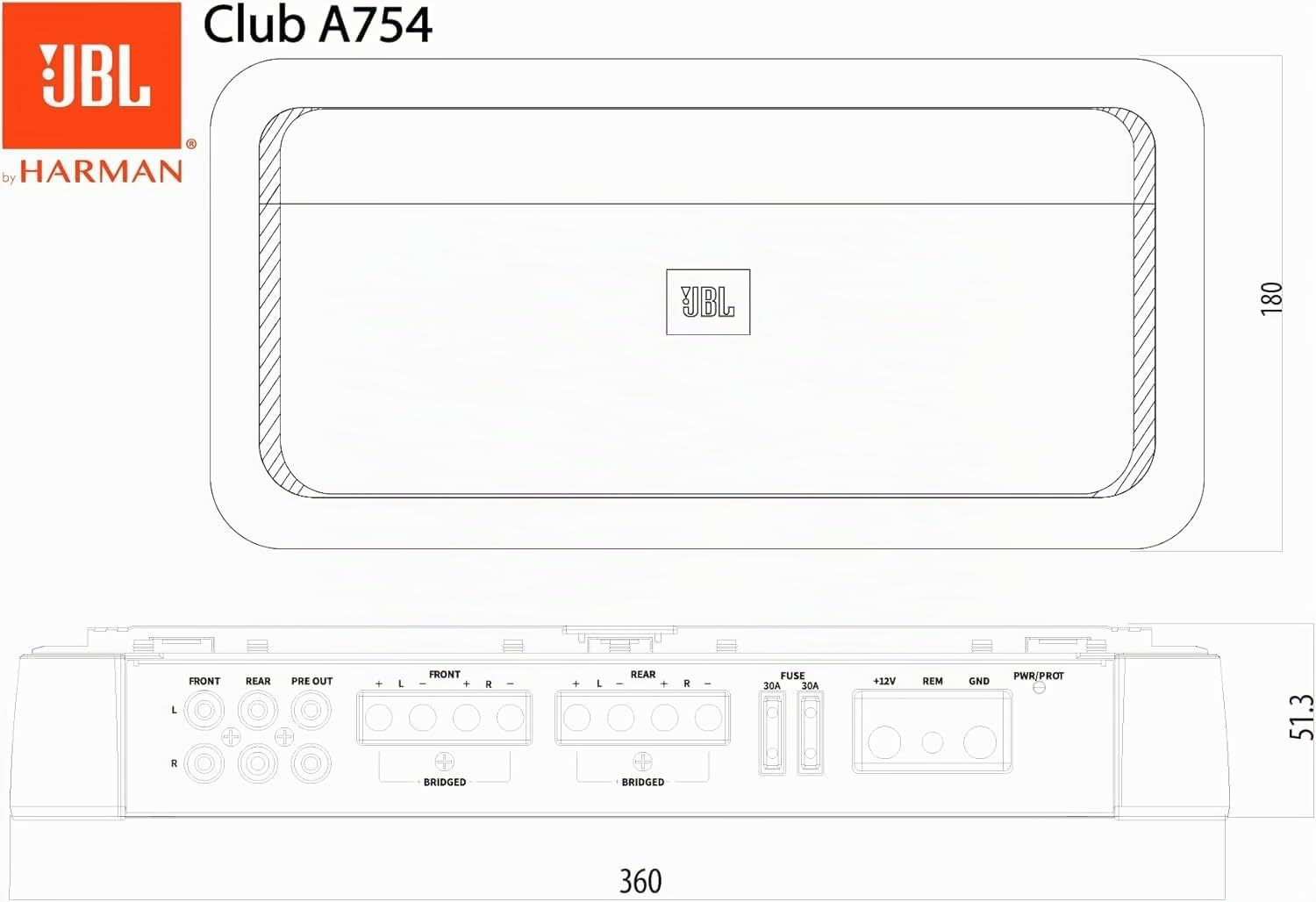 JBL Club A5055 Amplificador 5 Canales con 50W RMS×4 + 320W RMS×1 a 4Ω, 65W RMS×4 + 500W RMS×1 a 2Ω, diseño AB+D, filtros 32–320Hz, Refuerzo de Graves, Cambio de Fase y entradas Alto/bajo Nivel